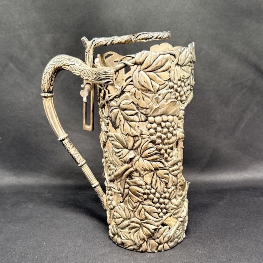 Vintage Silver Tone Metal Wine Bottle Holder Ornate Grape Vine Motif 8.5in